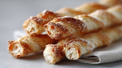 Delicious crispy breadsticks with golden crust on a light linen cloth