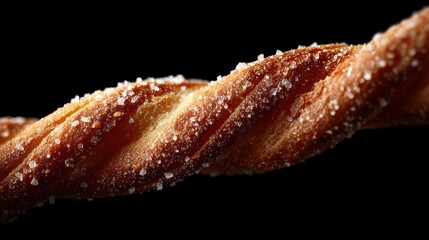 Twisted pastry with sugar on a black background showcasing detail and texture