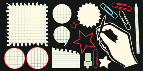 Retro stationery collection featuring paper clips and a hand writing with a pencil