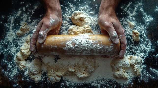 Hands holding a wooden rolling pin dusted with flour, set against a dark black table scattered with white flour