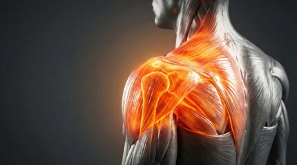Detailed anatomical illustration of a human shoulder and upper back with glowing orange highlights indicating pain or inflammation in the muscles and joints.