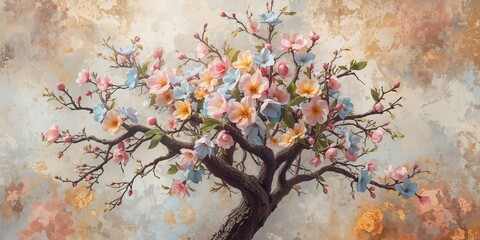 Decorative vintage tree branches with vibrant flowers forming a wallpaper pattern for digital print projects, seasonal change