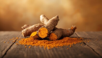 Obraz premium Fresh turmeric roots with natural earthy surfaces and bright orange flesh, ideal for food preparation or health product display