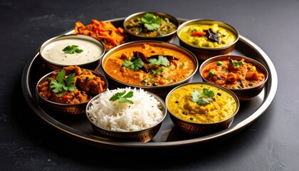Assortment of Indian Curries and Rice Served in Small Bowls on a Large Platter with Garnishes Overhead Shot