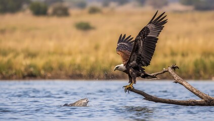Fototapeta premium African Fish Eagle with wings spread during prey pursuit, wildlife scene in East Africa safari