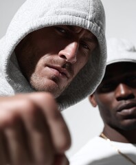Two men in hoodies posing for a strong and powerful photo expression