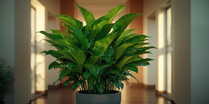 Decorative shrub Phyllanthus cochinchinensis placed in tall planters to enhance corridor aesthetics, plant arrangement