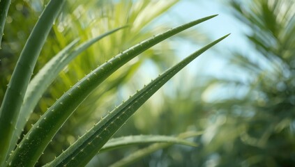 Fototapeta premium Aloe plant stems detailed for skincare preparation, botanical care, and sustainability awareness