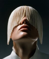 Elegant headpiece obscures eyes in artistic fashion display featuring exquisite design