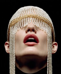 Elegance and mystery in a modern fashion portrait featuring a pearl headdress