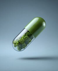 Green capsule containing cannabis floating above a minimalistic background