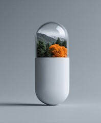 Creative capsule featuring a miniature forest ecosystem with vibrant trees and mountains