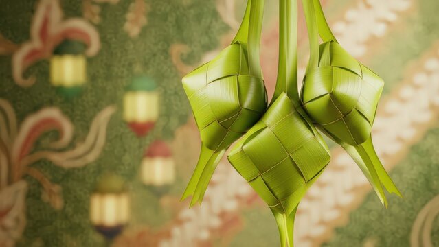 Traditional Green Diamond Shaped Rice Dumplings Hanging With Lantern Background