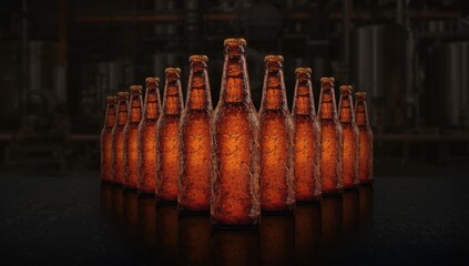 Dark background with glass beer bottles aligned, used as a layout backdrop for brewery branding or promotional banners.