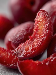 Fresh red plum slices arranged on a textured surface for a healthy snack