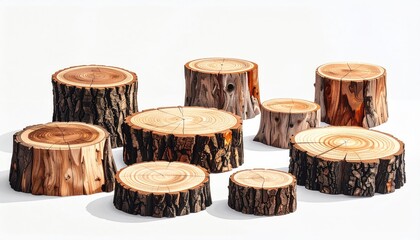 Assortment of Natural Wood Tree Trunk Slices on a White Background with Realistic Texture and Grain Details
