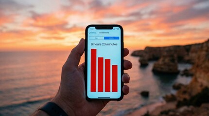 Smartphone mock up displaying screen time statistics against sunset backdrop