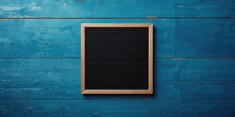 Black letterboard on a blue wooden table serving as a background for informational displays or signage