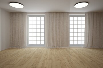 Fototapeta premium modern room brigt room woth curtains and lamps on ceiling interior design. 3D illustration