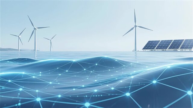 Innovative Renewable Energy Ocean Grid Showcases Wind Turbines and Solar Panels Above Water, Symbolizing Sustainable Technology and Future Solutions