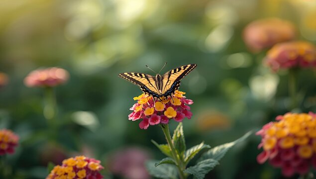 Palamedes swallowtail butterfly resting on lantana blooms, emphasizing natural insect behavior, biodiversity awareness