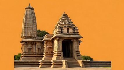 Ancient stone temple with intricate carvings and a tall spire at sunset architecture
