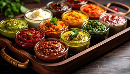 Assortment Of Sauces And Dips In Small Glass Bowls Arranged On A Wooden Tray With Dark Wood Background And Soft Natural Lighting