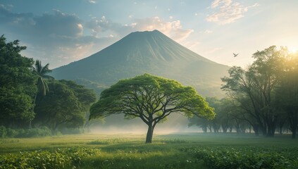 Sunrise view near Mount Salak in West Java, Indonesia, highlighting mountainous terrain and morning light