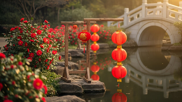 Tranquil Chinese New Year garden scene: pond, red lanterns, camellias, stone bridge, golden hour glow. Ideal for Lunar New Year designs, cultural event promotions, serene decor,
