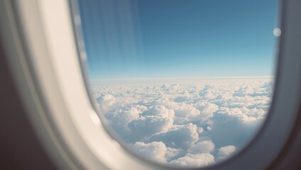View through an airplane window showing clouds and sky, highlighting the experience of flying, International Day of Human Space Flight