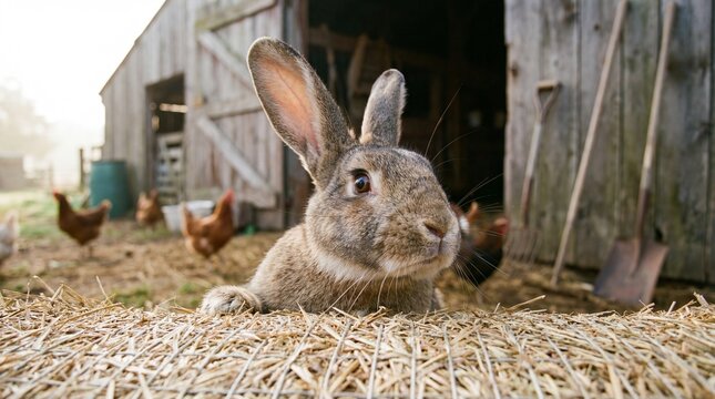 Curious Flemish Giant Rabbit Resting on Hay Bale with Chickens in Barn Background
