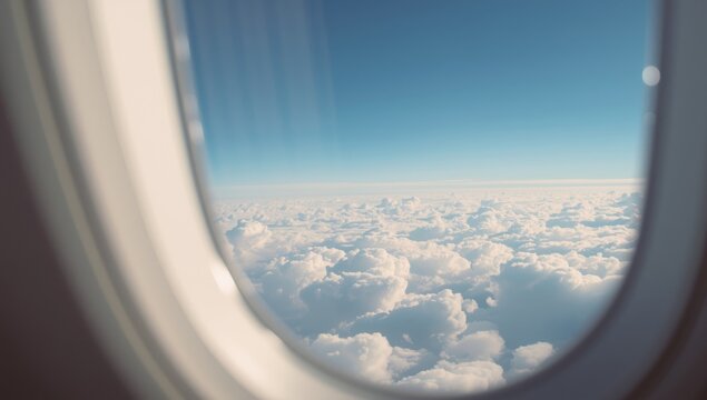 View through an airplane window showing clouds and sky, highlighting the experience of flying, International Day of Human Space Flight