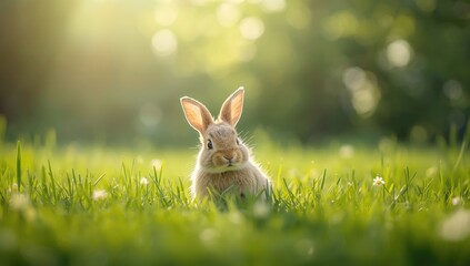 Young bunny resting on grassy terrain with soft background blur, highlighting outdoor wildlife habitat, World Animal Day