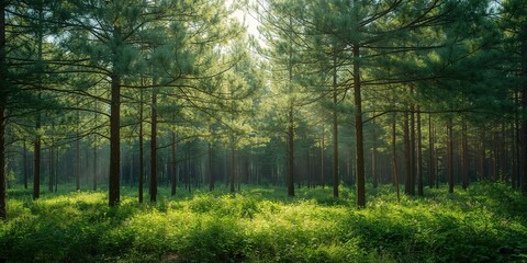 Horizontal landscape of lush green woods during midday, ideal for nature photography or outdoor scenes
