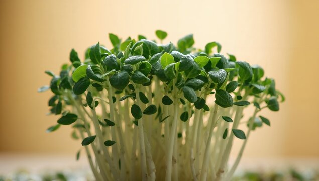 Five days old broccoli sprouts displayed as a microgreen crop for culinary use, highlighting fresh harvest