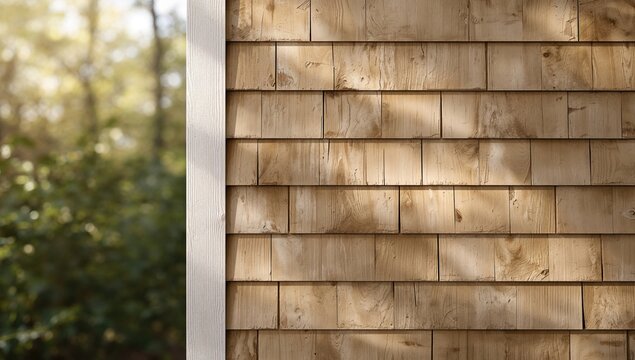 Weathered beige tan shingle shake siding on a house, showcasing durability and aging process