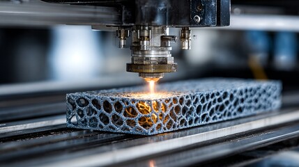Close up of 3d printing process creating complex honeycomb structure with laser, industrial technology for advanced manufacturing and prototyping