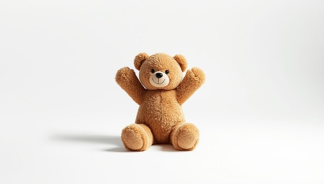 Brown teddy bear standing alone on a white background, serving as a plush toy for kids, emphasizing childhood play, International Day of Happiness