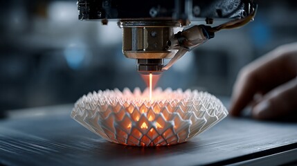 Close up of 3d printer creating object with shape shifting material, industrial technology concept