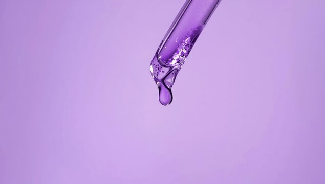 Laboratory dropper dispensing violet liquid onto backdrop, highlighting cosmetic ingredient analysis, Skin Care Awareness Month