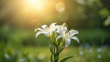 Close-up of delicate white lilies in a natural garden environment for floral pattern applications