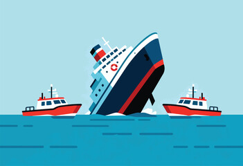 A listing ship is being assisted by two tugboats in calm waters