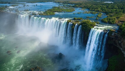 Zambia water from Victoria Falls, showcasing lush green and blue hues in a tropical landscape, park setting, Africa