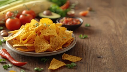 Corn nachos chips set against a Mexican food themed backdrop, ideal for editorial use