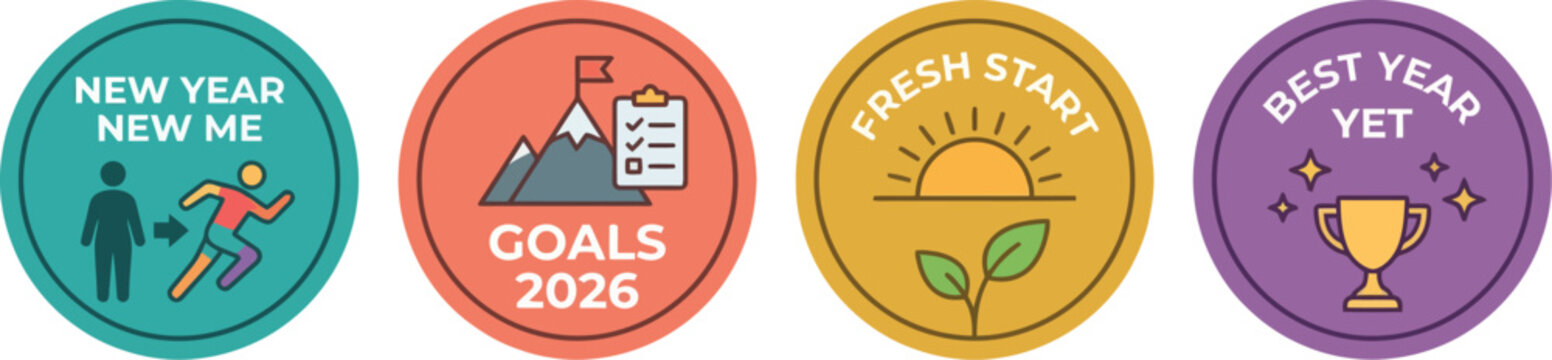 New Year 2026 Resolutions Goals Badges Fresh Start Best Year Motivation Circular Vector Icons
