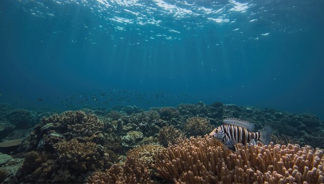 Colorful zebra turkeyfish navigating coral environments, emphasizing its distinctive markings and fin structure, for Ocean Conservation Week
