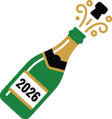 New Year 2026 Champagne Bottle Gold Foil Cork Popping Bubbles Luxury Celebration Vector Icon