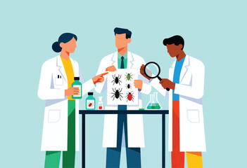 Scientists in lab coats examine insects and samples on a table