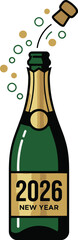 New Year 2026 Champagne Bottle Gold Foil Cork Popping Bubbles Luxury Celebration Vector Icon