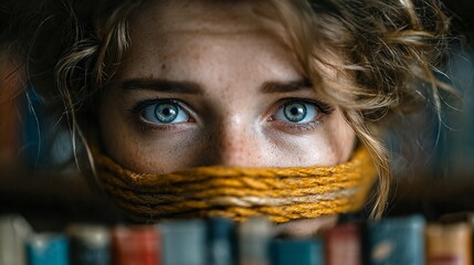 Woman with blonde hair and blue eyes gagged with yellow rope looking concerned in front of bookshelf emphasizing academic misconduct and cheating prevention